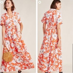 NWT Anthropologie Maeve Orange Janae Floral Shirtdress Maxi Dress Linen Size 0
